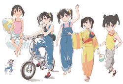 Rule 34 | 10s, 1girl, arm up, bag, bandaged leg, bandages, bare arms, bare legs, bare shoulders, barefoot, bicycle, food, from above, full body, hair ornament, hair scrunchie, hand fan, hand on own thigh, holding, holding fan, japanese clothes, kimono, kuraue hinata, looking at viewer, matsuo yuusuke, multiple views, overalls, paper fan, pillow, popsicle, riding, sandals, scrunchie, shorts, shoulder bag, smile, sweat, tan, tank top, tanline, twintails, uchiwa, v, white background, yama no susume, yukata, zouri