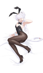 Rule 34 | 1girl, absurdres, animal ears, arm support, arm up, armpits, ass, bare arms, bare shoulders, bed sheet, bell, black footwear, black leotard, blue eyes, blunt bangs, bow, bowtie, breasts, brown pantyhose, cat ears, cat girl, cat tail, cleavage, covered navel, covering one eye, dch6898013, detached collar, facial mark, fake animal ears, final fantasy, final fantasy xiv, fine fabric emphasis, full body, high heels, highleg, highleg leotard, highres, jingle bell, legs, leotard, long hair, looking at viewer, miqo&#039;te, open mouth, pantyhose, playboy bunny, ponytail, rabbit ears, simple background, sitting, slit pupils, small breasts, smile, solo, strapless, strapless leotard, tail, tail bell, tail ornament, thighs, tiara, v, warrior of light (ff14), white background, white hair, wrist cuffs, yokozuwari