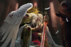 Rule 34 | 2boys, alex cristi, angel wings, armor, bald, black armor, blade encarmine, blonde hair, breastplate, chaos (warhammer), commentary, english commentary, eyes of horus (warhammer 40k), feathered wings, feathers, full armor, gauntlets, gold armor, greaves, highres, holding, holding sword, holding weapon, horus lupercal, laurel crown, long hair, multiple boys, ornate armor, ornate weapon, pauldrons, pelt, power armor, primarch, red eyes, sanguinius, shoulder armor, spiked armor, sword, terminator armor, vambraces, warhammer 40k, weapon, wings