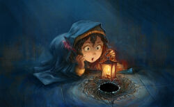 1girl absurdres black_hole blanket blue_eyes brown_hair brown_sweater candle chicory_(pepper&amp;carrot) david_revoy highres holding holding_lamp holding_wand indoors lamp magic medium_hair on_floor open_mouth pepper&amp;carrot solo stone_floor sweater teeth under_covers upper_teeth_only wand