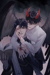 Rule 34 | 2boys, arms around neck, black eyes, black hair, black nails, black wings, blood, blood on hands, book, collared shirt, cross, cross necklace, demon horns, diffraction spikes, floating, gloves, hair between eyes, heterochromia, highres, holding, holding book, horns, iron cross, jewelry, kim dokja, kkkktzr1, looking at another, male focus, multiple boys, necklace, omniscient reader&#039;s viewpoint, open mouth, shirt, short hair, smile, sparkle, upper body, white shirt, wings, yellow eyes, yoo joonghyuk