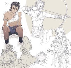 Rule 34 | 2boys, aged down, bad id, bad twitter id, bow (weapon), centaur, chiron (fate), closed eyes, drawing bow, eating, fate/apocrypha, fate/stay night, fate (series), heracles (fate), holding, holding bow (weapon), holding weapon, jewelry, long hair, male focus, monster boy, multiple boys, necklace, one eye closed, ponytail, shorts, simple background, sitting, spoken squiggle, squiggle, taur, weapon, wet, white background