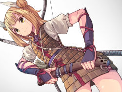Rule 34 | 1girl, aoi kujira, armor, arrow (projectile), blonde hair, bow (weapon), commentary, doll joints, double bun, dress, hair ribbon, haniwa (statue), holding, holding sword, holding weapon, joints, joutouguu mayumi, quiver, ribbon, sheath, shirt, short hair, short sleeves, simple background, solo, sword, touhou, unsheathing, vambraces, weapon, white background, white ribbon, white shirt, yellow dress, yellow eyes