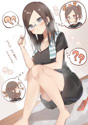 Rule 34 | 1girl, ?, ??, barefoot, black shirt, blush, braid, breasts, brown hair, closed mouth, comb, commentary request, dutch angle, glasses, grey eyes, highres, knees up, long hair, looking at viewer, medium breasts, original, parted lips, ponytail, shirt, short sleeves, sitting, sofra, spoken question mark, swept bangs, towel, towel around neck, translation request, wooden floor
