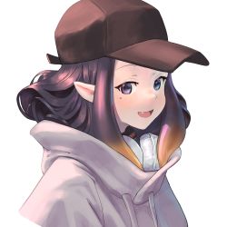 Rule 34 | 1girl, :d, baseball cap, black eyes, black hair, commentary, drawstring, english commentary, eufrik, fang, hat, headphones, headphones around neck, highres, hololive, hololive english, hood, hood down, hoodie, mole, mole under eye, ninomae ina&#039;nis, open mouth, pointy ears, simple background, smile, solo, upper body, virtual youtuber, white background, white hoodie