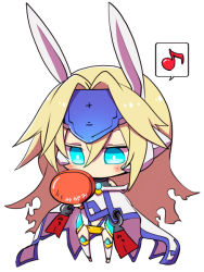 Rule 34 | 1girl, animal ears, arc system works, bad id, bad pixiv id, blazblue, blonde hair, blue eyes, blush, boots, cape, chibi, full body, kuro yuzu, long hair, mirror, mu-12, musical note, no nose, quaver, rabbit ears, simple background, solo, spoken musical note, white background