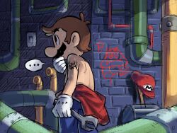Rule 34 | ..., 1boy, arm tattoo, black eyes, blue pants, brown hair, clothes around waist, facial hair, gloves, goomba, hammer, hat, highres, holding, holding wrench, indoors, industrial pipe, male focus, mari luijiroh, mario, mario (series), mustache, nintendo, pants, profile, red hat, solo, sweat, tattoo, topless male, unworn hat, unworn headwear, white gloves, wrench