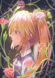 Rule 34 | 1girl, absurdres, alternate costume, black background, blonde hair, blue eyes, casual, closed mouth, commentary, eyelashes, eyes visible through hair, flat chest, flower, from side, hair between eyes, hair flower, hair ornament, highres, ikumi (1 9 3), long hair, nakatsu shizuru, nose, profile, red flower, red rose, rewrite, rose, sidelocks, simple background, smile, solo, tsurime, twintails, upper body, white flower