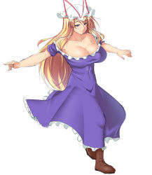 Rule 34 | 1girl, absurdres, blonde hair, blush, boots, breasts, brown footwear, cleavage, collarbone, dress, frilled dress, frills, full body, hands up, hat, hat ribbon, highres, impossible clothes, impossible dress, large breasts, long hair, looking down, mob cap, mokkori9, navel, outstretched arm, purple dress, purple eyes, ribbon, shiny skin, short sleeves, sidelocks, simple background, sketch, smile, solo, spinning, taut clothes, taut dress, touhou, very long hair, white background, yakumo yukari