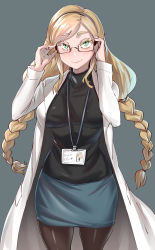 1girl, absurdres, black-framed eyewear, blonde hair, blue skirt, braid, breasts, closed mouth, coat, doctor, eyebrows visible through hair, glasses, gradient, gradient background, green eyes, hands on lap, highres, id card, labcoat, lanyard, large breasts, moto toshi, original, pantyhose, skirt, smile, solo, turtleneck, twintails, white coat