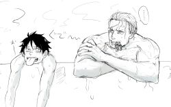 Rule 34 | ..., 2boys, absurdres, bathtub, facial hair, greyscale, highres, looking at another, male focus, mature male, medium sideburns, monkey d. luffy, monochrome, multiple boys, nude, one piece, same-sex bathing, scar, scar on face, scar on forehead, shared bathing, short hair, sideburns stubble, smoker (one piece), sparse stubble, stitches, stubble, toned, toned male, tongue, tongue out, tsurime, upper body, wet, white hair, yamakazi47, yaoi