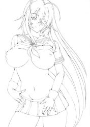 Rule 34 | 00s, bad id, bad pixiv id, breasts, clothes lift, fingerless gloves, gloves, greyscale, hair over one eye, huge breasts, ikkitousen, kan&#039;u unchou, kasanui, long hair, monochrome, nipples, shirt lift, skirt, smile, solo, very long hair