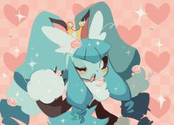 Rule 34 | 1girl, animal ears, aqua fur, aqua hair, blush, braixen, commentary, creatures (company), crown, english commentary, eyelashes, flower, fluffy, furry, furry female, fusion, game freak, gen 4 pokemon, gen 6 pokemon, glaceon, heart, jaltoid, lopunny, nintendo, one eye closed, open mouth, original, parody, pokemon, pokemon (creature), rabbit ears, rabbit girl, rose, solo, sparkle, upper body, world is mine (vocaloid)