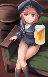 Rule 34 | alcohol, barrel, beer, beer mug, black socks, brown eyes, brown hair, butter curry, clothes writing, couch, cup, dress, hat, highres, holding mug, kantai collection, kneehighs, long sleeves, looking at viewer, mug, sailor collar, sailor dress, sailor hat, short hair, sitting, smile, socks, solo, z3 max schultz (kancolle)