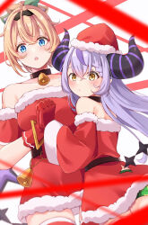 Rule 34 | 2girls, bare shoulders, bell, black choker, blonde hair, blush, choker, christmas, commentary, demon horns, detached sleeves, dress, english commentary, fur-trimmed dress, fur trim, hat, height difference, highres, holding hands, hololive, horns, interlocked fingers, kazama iroha, la+ darknesss, light purple hair, looking at viewer, multicolored hair, multiple girls, neck bell, purple hair, red dress, santa costume, santa dress, santa hat, short dress, strapless, strapless dress, streaked hair, tenmon (tenmon0715), virtual youtuber