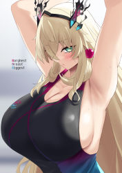 Rule 34 | 1girl, armpits, blonde hair, breasts, cleavage, collarbone, competition swimsuit, earrings, barghest (fate), fate/grand order, fate (series), gachou, green eyes, hair between eyes, highres, huge breasts, jewelry, long hair, looking at viewer, one-piece swimsuit, sidelocks, solo, swimsuit, tiara, very long hair