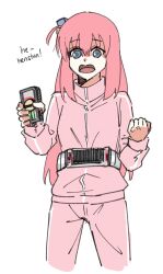 Rule 34 | 1girl, blue eyes, bocchi the rock!, clenched hand, crossover, dress, faiz driver, gotoh hitori, highres, holding, holding phone, jacket, kamen rider, kamen rider 555, masruu, open mouth, phone, pink dress, pink hair, track jacket, track suit