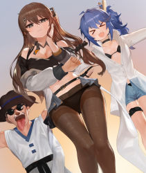 Rule 34 | &gt; &lt;, 1boy, 2girls, :d, absurdres, black panties, blue hair, breasts, brown hair, choi bounge, cleavage, commentary request, crossover, dokomon, dutch angle, fang, girls&#039; frontline, hair ornament, hat, highres, k11 (girls&#039; frontline), k2 (girls&#039; frontline), korean commentary, large breasts, long hair, looking at viewer, messy hair, multiple girls, navel, one side up, open mouth, panties, panties under pantyhose, pantyhose, shorts, side ponytail, skin fang, smile, sunglasses, the king of fighters, tongue, underwear