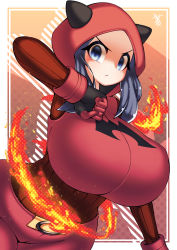 Rule 34 | 1girl, blue eyes, bodysuit, breasts, cowboy shot, creatures (company), curvy, fire, forehead, game freak, gloves, highres, hood, hoodie, huge breasts, looking at viewer, matching hair/eyes, nintendo, no nose, pokemon, pokemon oras, red bodysuit, solo, standing, taut clothes, team magma, team magma grunt, uniform, wide hips, yasume (cheap melon soda)