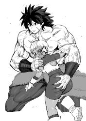 Rule 34 | 1boy, 1girl, ass, blush, broly (dragon ball super), cheelai, dragon ball, dragon ball super, dragon ball super broly, embarrassed, gloves, greyscale, highres, looking back, manly, monochrome, muscular, open mouth, pelt, scar, scar on chest, scouter, serious, short hair, shorts, sketch, spiked hair, synecdoche, thick arms, tinted eyewear, topless male