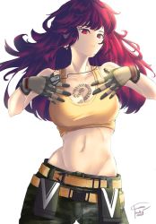 Rule 34 | 1girl, ammunition pouch, bare shoulders, breasts, camouflage, camouflage pants, dark persona, dog tags, gloves, hair down, highres, ikari hime, leona heidern, midriff, navel, orochi leona, pants, pouch, red hair, sleeveless, tank top, tattoo, the king of fighters, the king of fighters xv, yellow tank top