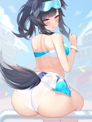 Rule 34 | 1girl, animal ears, ass, bare shoulders, black hair, blue archive, blurry, blurry background, breasts, clothes writing, commentary, crop top, day, dog ears, dog tail, eyewear on head, from behind, hand up, heavy breathing, hibiki (blue archive), hibiki (cheer squad) (blue archive), highres, kuavera, long hair, looking at viewer, looking back, millennium cheerleader outfit (blue archive), miniskirt, official alternate costume, open mouth, outdoors, panties, raised eyebrows, shoulder blades, sitting, skirt, solo, sweat, tail, underwear, white panties, white skirt