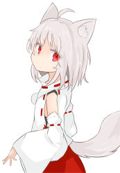 Rule 34 | 1girl, ahoge, akasabi, animal ears, bare shoulders, detached sleeves, hair over one eye, highres, inubashiri momiji, looking at viewer, looking back, pom pom (clothes), red eyes, ribbon-trimmed sleeves, ribbon trim, short hair, silver hair, simple background, solo, tail, touhou, white background, wolf ears, wolf tail