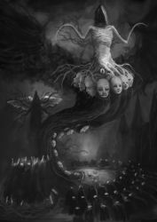 Rule 34 | converg, creature, dark, extra faces, floating, greyscale, highres, horror (theme), monochrome, monster, multiple others, no humans, original, wings