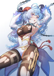 Rule 34 | 1girl, absurdres, ahoge, bare shoulders, bell, black gloves, blue hair, blush, bodice, bodysuit, breasts, chain, cowbell, detached sleeves, embarrassed, ganyu (genshin impact), genshin impact, gloves, goat horns, gold trim, highres, horns, huge filesize, long hair, long sleeves, looking at viewer, lying, medium breasts, on back, purple eyes, solo, thighs, torn clothes, torn legwear, zonunoll