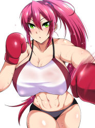 Rule 34 | 1girl, abs, bare shoulders, boxing gloves, breasts, cleavage, covered erect nipples, green eyes, huge breasts, long hair, looking at viewer, midriff, navel, nishida megane, original, ponytail, punching, red hair, simple background, solo, sweat, tank top, white background