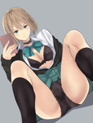 Rule 34 | 10s, 1girl, alternate costume, aqua bow, aqua bowtie, bad id, bad nicoseiga id, black bra, black panties, black socks, blue eyes, bow, bowtie, bra, breasts, brown hair, cafe au lait (kafeore), cardigan, cellphone, choker, cleavage, closed mouth, commentary request, grey background, hair ornament, hairclip, highres, kantai collection, kneehighs, knees up, large breasts, long sleeves, looking at viewer, maya (kancolle), off shoulder, open clothes, panties, phone, school uniform, selfie, short hair, sitting, sleeveless, smartphone, socks, solo, spread legs, underwear, x hair ornament