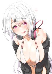 Rule 34 | 1girl, armpit crease, bare shoulders, bikini, black jacket, blush, breasts, clearite, cleavage, collarbone, commentary, cowboy shot, halterneck, hands on own thighs, head tilt, headphones, headphones around neck, jacket, large breasts, leaning forward, long sleeves, looking at viewer, micro bikini, motion lines, navel, nijisanji, off shoulder, open clothes, open jacket, parted lips, purple eyes, shiina yuika, shiina yuika (2nd costume), short hair, sidelocks, simple background, smile, solo, standing, stomach, swimsuit, virtual youtuber, white background, white bikini, white hair
