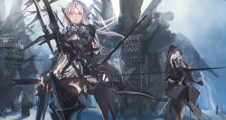 Rule 34 | 1boy, 1girl, armband, armor, arrow (projectile), black thighhighs, bow, bow (weapon), camisole, fingerless gloves, gloves, highres, hood, lin+, long hair, pixiv fantasia, pixiv fantasia 5, pleated skirt, red eyes, silver hair, skirt, sword, thighhighs, weapon, zettai ryouiki
