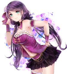 Rule 34 | 10s, 1girl, aishan (aaaishan), braid, breasts, chinese clothes, gradient background, green eyes, hair over shoulder, highres, long hair, love live!, love live! school idol festival, love live! school idol project, navel, purple hair, skirt, smile, solo, tojo nozomi, twin braids