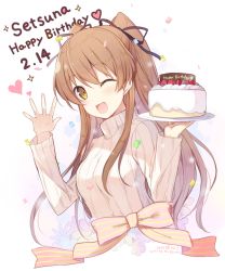 Rule 34 | 10s, 1girl, 6u (eternal land), ;d, birthday cake, black ribbon, blush, breasts, brown eyes, brown hair, cake, confetti, dated, food, hair ribbon, happy birthday, holding, holding tray, long hair, long sleeves, looking at viewer, medium breasts, ogiso setsuna, one eye closed, open mouth, ribbed sweater, ribbon, smile, solo, sweater, tray, turtleneck, twitter username, two side up, upper body, white album (series), white album 2