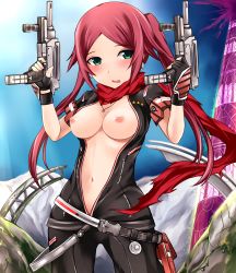 Rule 34 | 1girl, all blink, bad id, bad pixiv id, blush, breasts, cleavage, dual wielding, earrings, female focus, fingerless gloves, gloves, green eyes, gun, highres, holding, jewelry, looking at viewer, navel, necklace, nipples, no bra, ol blink (pso2), open mouth, phantasy star, phantasy star online 2, red hair, scarf, smile, solo, twintails, unzipped, vertical forward grip, weapon, yoshimo
