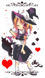 Rule 34 | 1girl, :d, ana (rznuscrf), blonde hair, bow, braid, female focus, hair bow, hand on own hip, hat, heart, kirisame marisa, long hair, loose socks, mary janes, one eye closed, open mouth, red eyes, shoes, side braid, smile, socks, solo, standing, touhou, witch hat