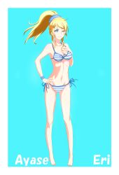 Rule 34 | 1girl, absurdres, ayase eli, bad id, bad pixiv id, barefoot, bikini, blonde hair, blue eyes, border, breasts, character name, cleavage, front-tie top, gluteal fold, groin, hand on own hip, high ponytail, highres, love live!, love live! school idol festival, love live! school idol project, mebi il, medium breasts, one eye closed, ponytail, side-tie bikini bottom, side-tie bottom, smile, solo, striped bikini, striped clothes, swimsuit, white border