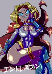 Rule 34 | 1girl, abs, blonde hair, blue eyes, blue footwear, boots, breasts, cleavage, cleavage cutout, clothing cutout, dc comics, endlessfin, gloves, highres, keyhole, large breasts, leotard, looking at viewer, muscular, power girl, simple background, smile, solo, superhero costume, thigh strap, toon (style), white leotard