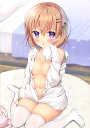 Rule 34 | 1girl, :p, bed, blush, bra, unworn bra, breasts, brown hair, collared shirt, commentary request, flower, gochuumon wa usagi desu ka?, hair between eyes, hair flower, hair ornament, hairclip, hand up, hoto cocoa, indoors, light particles, long sleeves, looking at viewer, medium breasts, naked shirt, navel, no shoes, off shoulder, open clothes, open shirt, pink bra, purple eyes, shibainu niki, shirt, sitting, sleeves past fingers, sleeves past wrists, solo, thighhighs, tongue, tongue out, underwear, wariza, white shirt, white thighhighs