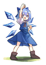 Rule 34 | 1girl, 9302w (user wjpg8475), :d, arm up, blue bow, blue dress, blue eyes, blue hair, boots, bow, brown footwear, cirno, clenched hands, collared shirt, commentary request, dress, full body, hair bow, highres, ice, ice wings, legs apart, medium hair, open mouth, pinafore dress, puffy short sleeves, puffy sleeves, shirt, short sleeves, sleeveless dress, smile, solo, touhou, white shirt, wings