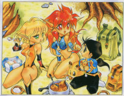 Rule 34 | 1990s (style), 3girls, androgynous, arm support, armor, backpack, bag, bare shoulders, big hair, bikini armor, bikini top armor, black eyes, black hair, blonde hair, blush, bone, boots, breasts, bridal gauntlets, cleavage, cleavage cutout, clothing cutout, covered erect nipples, crop top, demon girl, dragon half, dwarf, eating, elbow gloves, elf, eye contact, fantasy, food, gem, gloves, gradient hair, grass, green eyes, hair between eyes, halter top armor, happy, holding, horns, knee boots, ladle, leaning forward, leotard, long hair, long pointy ears, looking at another, lufa, lufa (dragon half), mappy (dragon half), medium breasts, mink (dragon half), mita ryuusuke, mouse (animal), multicolored hair, multiple girls, nature, navel, no nose, official art, on ground, orange hair, outdoors, pants, pauldrons, pia, pia (dragon half), pointy ears, ponytail, pot, randoseru, red eyes, red hair, retro artstyle, reverse trap, rock, seiza, short hair, shoulder armor, sidelocks, sitting, size difference, small breasts, spiked hair, tail, traditional media, tree, turtleneck, vambraces