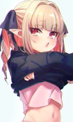 Rule 34 | 1girl, :o, black ribbon, black sweater, blush, clothes lift, collar, commentary request, drill hair, grey hair, hair ribbon, highres, long hair, makaino ririmu, multicolored hair, navel, nijisanji, pink hair, pink shirt, pointy ears, red collar, red eyes, ribbon, sabamen, shirt, sidelocks, simple background, solo, sweater, sweater lift, tsurime, twin drills, two-tone hair, undressing, upper body, virtual youtuber