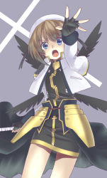 Rule 34 | 1girl, armor, blue eyes, brown hair, chirosuke (nameless), fingerless gloves, gloves, hat, lyrical nanoha, mahou shoujo lyrical nanoha, mahou shoujo lyrical nanoha a&#039;s, open mouth, outstretched hand, puffy sleeves, skirt, solo, wings, yagami hayate