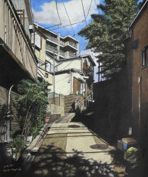 Rule 34 | 2012, artist name, building, cardboard, cityscape, cloud, colored pencil (medium), dated, day, grate, lamppost, manhole, no humans, original, palm tree, plant, potted plant, railing, real world location, realistic, road, ryota884, scenery, sewer grate, shade, signature, sky, street, sunlight, traditional media, tree, tree shade, vanishing point