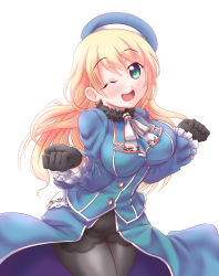 Rule 34 | 10s, absurdres, atago (kancolle), beret, black gloves, black pantyhose, blonde hair, breasts, gloves, green eyes, hat, highres, kanon (kurogane knights), kantai collection, large breasts, long hair, military, military uniform, one eye closed, open mouth, pantyhose, smile, solo, uniform