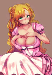 Rule 34 | 1girl, abi (ababsksk), blonde hair, blush, breast suppress, breasts, cleavage, closed mouth, covered erect nipples, double bun, dress, frilled sleeves, frills, green eyes, hair bun, hands on own chest, highres, lace, lace-trimmed dress, lace trim, large breasts, long dress, long hair, looking to the side, nose blush, original, parted bangs, pink dress, puffy short sleeves, puffy sleeves, short sleeves, simple background, sitting, solo, two side up, wavy hair