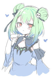 Rule 34 | 1girl, :o, black bow, blue dress, blue hair, blue sleeves, blush, bow, bug, butterfly, detached sleeves, double bun, dress, earrings, green hair, hair bow, hair bun, hair ornament, hand up, hololive, insect, jewelry, juliet sleeves, long sleeves, looking at viewer, multicolored hair, parted lips, puffy sleeves, red eyes, simple background, skull hair ornament, sleeveless, sleeveless dress, solo, two-tone hair, unname, uruha rushia, uruha rushia (1st costume), virtual youtuber, white background, wide sleeves