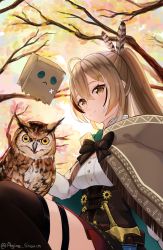 Rule 34 | 1girl, agino, ahoge, bird, breasts, brown capelet, brown eyes, brown hair, capelet, cloak, commentary, corset, dagger, english commentary, eyes visible through hair, feather hair ornament, feathers, friend (nanashi mumei), hair ornament, hairclip, highres, hololive, hololive english, knife, long sleeves, looking at viewer, medium breasts, nanashi mumei, owl, ponytail, red skirt, sheath, sheathed, shirt, skirt, smile, tree, underbust, virtual youtuber, weapon, white shirt