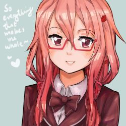 Rule 34 | 1girl, blush, bow, cantdraw, english text, glasses, guilty crown, long hair, pink hair, smile, solo, text focus, third-party source, yuzuriha inori